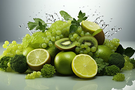 Fresh fruits and vegetables with water splash on white background. 3d illustrationの素材