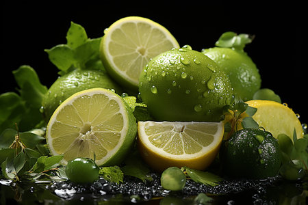 Fresh limes with green leaves and water drops on a black backgroundの素材
