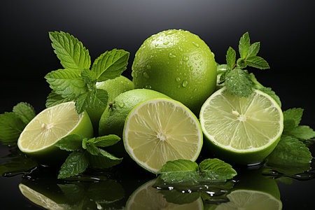 Fresh lime and mint on a black background. Shallow DOFの素材