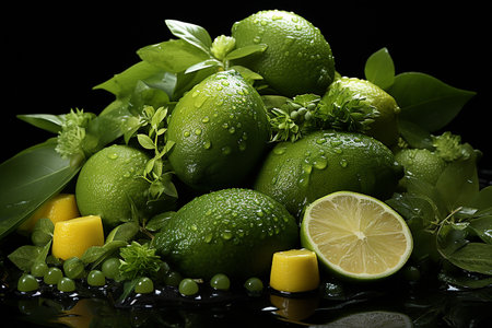 Fresh limes with mint and lemon slices on a black background.の素材