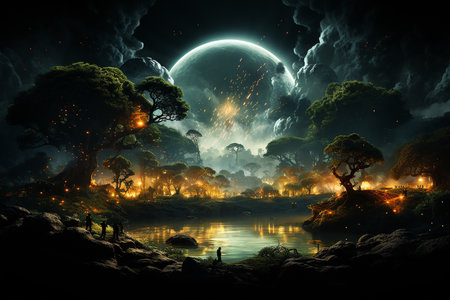 Fantasy landscape with dark forest and full moon. 3D renderingの素材