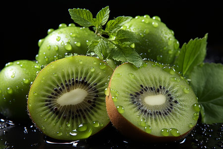 Kiwi fruit and mint on a black background with water dropsの素材