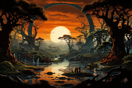 Fantasy landscape with trees and river at sunset. 3d renderの素材