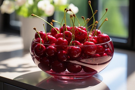 Cherries in a glass bowl on the table in the windowの素材