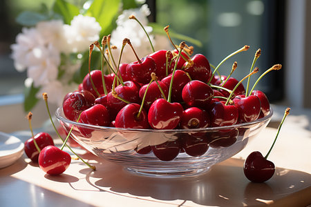 Cherries in a glass bowl on a table in the sunlightの素材