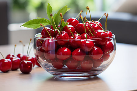 Cherries in a glass bowl on a table in the kitchenの素材