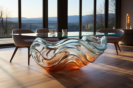 Modern living room interior with glass table, armchairs and panoramic window. 3D Renderingの素材