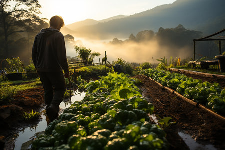 Farmer working in vegetable garden at sunrise time,Thailand.の素材