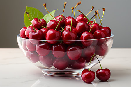 Cherries in a glass bowl on a white marble table.の素材