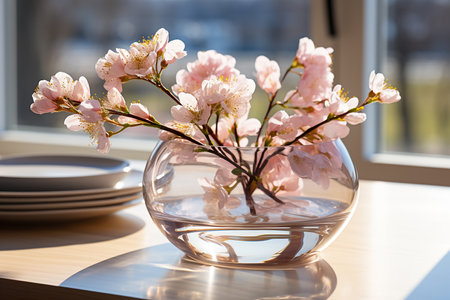 Vase with pink cherry blossom flowers on table in morning sunlightの素材