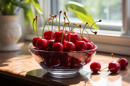 Ripe red cherries in a glass bowl on the windowsillの素材
