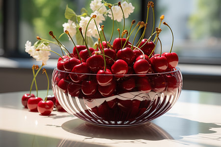 Cherries in a glass vase on a white table.の素材