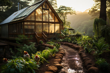 Sunset in the garden with a greenhouse and chicken in the foregroundの素材