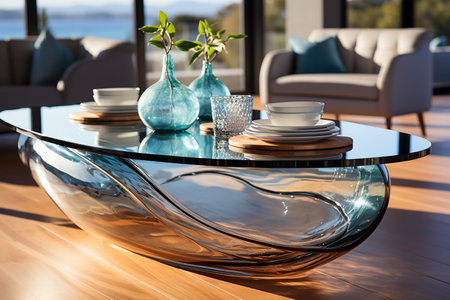 Modern living room interior with glass table and sea view. 3d renderingの素材