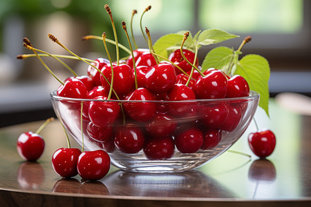 Red cherries in a glass bowl on a wooden table in the kitchenの素材
