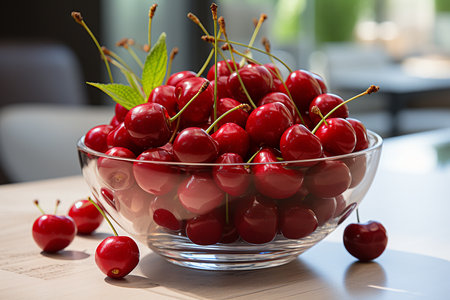 Ripe red cherries in a glass bowl on a wooden tableの素材