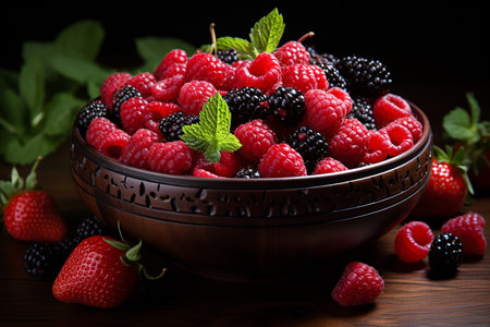 Blackberries and raspberries in a bowl on a wooden tableの素材