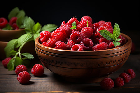 Fresh raspberries in a bowl on a wooden table, selective focusの素材