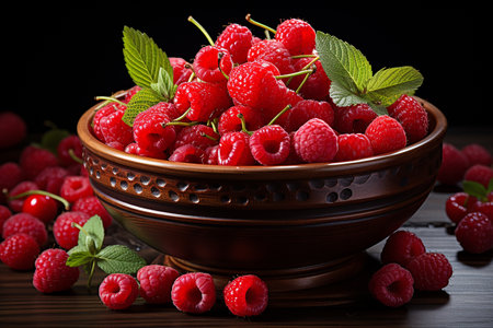 Raspberries and raspberries in a bowl on a wooden tableの素材