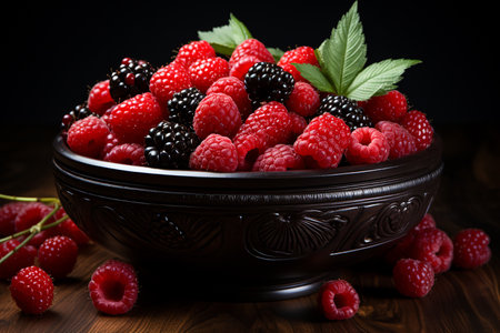 Fresh raspberries and blackberries in a bowl on a wooden tableの素材
