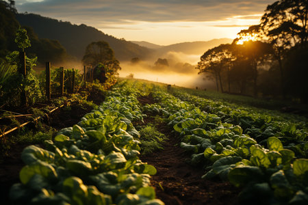 Lettuce field with fog in the morning at Doi Mae Salong, Chiang Rai, Thailand Sustainable farmingの素材