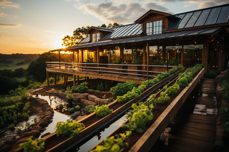 Livestock garden with wooden terrace in the sunset. Sustainable farmingの素材