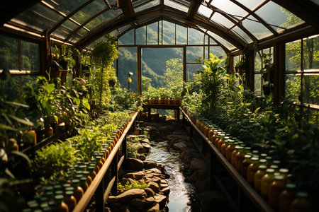 Beautiful view of a greenhouse in the middle of the forest. Sustainable farmingの素材