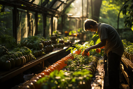 Young man working in a greenhouse, harvesting vegetables. selective focus.の素材