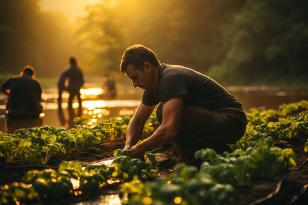 Farmer working in vegetable garden at sunset, Thailand. selective focus.の素材