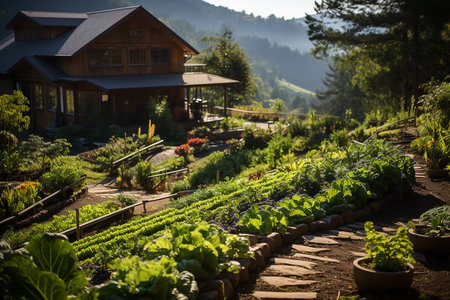 Lettuce garden in the morning light with a wooden house in the background Sustainable farmingの素材