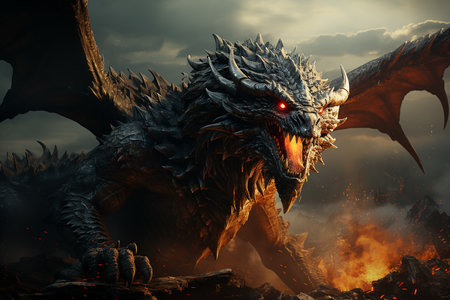 3d rendering of a fantasy dragon with fire in the background.の素材