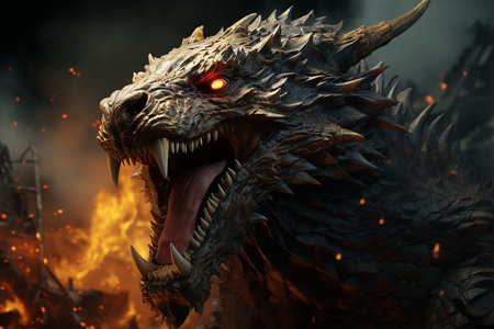 Fantasy dragon with fire in his mouth. 3D illustration.の素材