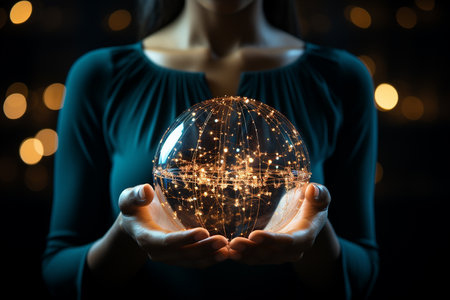 Close up of woman's hands holding globe with glowing lights. 3D renderingの素材