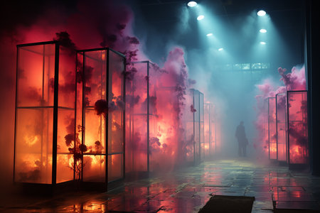 A scene of a foggy city street with a silhouette of a person standing in front of a door full of smokeの素材