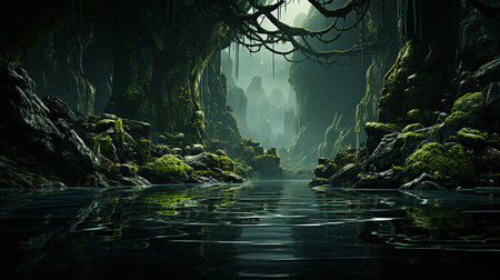 Fantasy alien planets. Mountain and lake. 3D illustration.の素材