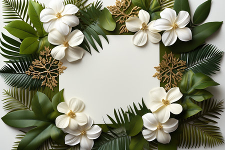 Frame made of tropical leaves and flowers on white background, flat layの素材