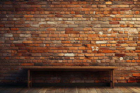 Wooden shelf on brick wall background. Mock-up, 3D Renderingの素材