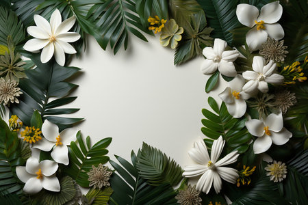Frame made of tropical leaves and flowers on white background, flat layの素材