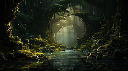 Fantasy landscape with dark forest and river. 3D rendering.の素材