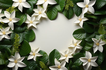 Creative layout made of tropical leaves. Flat lay, top view, copy spaceの素材