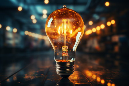 Incandescent light bulb on wooden table with bokeh backgroundの素材