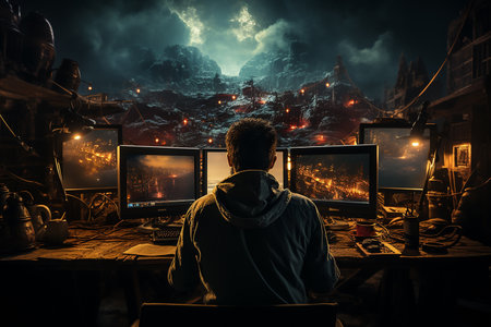 Man sitting in front of computer monitors and looking at the destroyed city. night scene. selective focusの素材