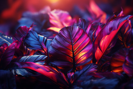 Colorful leaves of a tropical plant in neon light. natural backgroundの素材