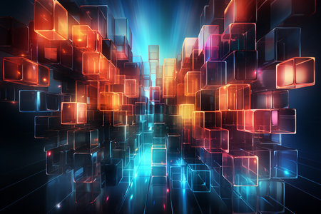 Abstract technology background with glowing cubes. 3d rendering, 3d illustration.の素材
