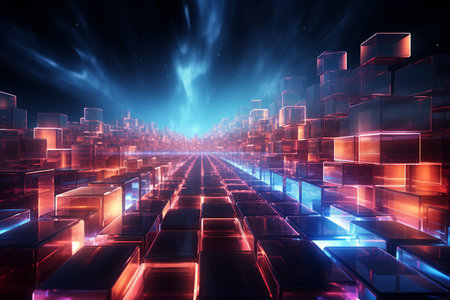 Abstract 3d illustration of a futuristic city with glowing cubes and lightsの素材