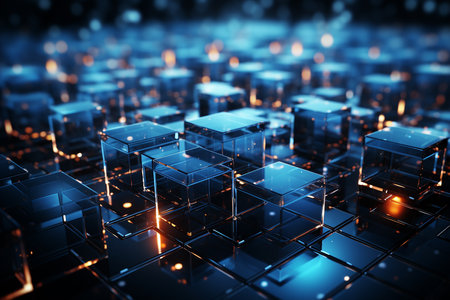 Abstract technology background with glowing cubes. 3d rendering toned imageの素材