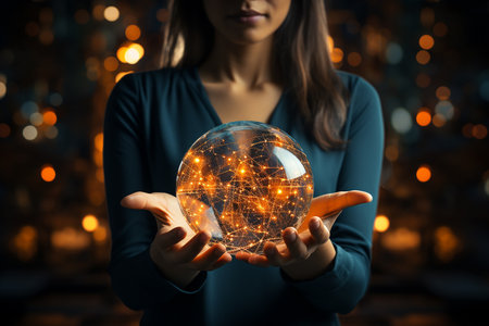Close up of woman holding crystal ball with world map on blurred christmas lights backgroundの素材
