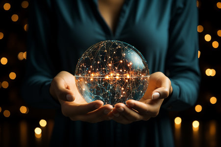 Close up of woman hands holding glass globe with global network connection conceptの素材