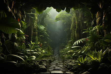 Mysterious dark green jungle. 3D rendering. fantasy forest.の素材
