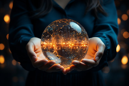 Woman hands holding a crystal ball with glowing city inside. 3D renderingの素材